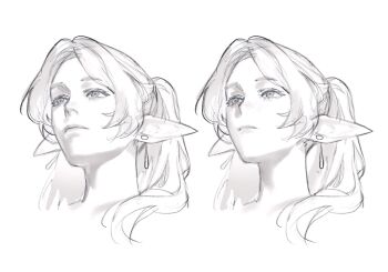 1girl closed_mouth commentary earrings english_commentary frieren greyscale highres jewelry keibleh lips long_hair looking_to_the_side meme monochrome multiple_views pointy_ears simple_background sousou_no_frieren twintails upward_angle_frieren_drawing_(meme) wavy_hair