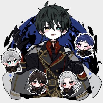 5boys :o belt_buckle black_choker black_gloves black_hair blue_eyes blue_hair bright_pupils buckle cascade_of..._(ensemble_stars!) chain choker closed_mouth collared_shirt commentary earrings ensemble_stars! fushimi_yuzuru gloves grey_hair hand_up heterochromia highres jewelry kagehira_mika lapels long_hair long_sleeves looking_at_viewer male_focus mani_(pukakaka09) mismatched_earrings multiple_boys notched_lapels official_alternate_costume one_eye_closed open_mouth orange_eyes purple_eyes ran_nagisa red_eyes sakuma_rei_(ensemble_stars!) sena_izumi_(ensemble_stars!) shirt short_bangs short_hair white_pupils