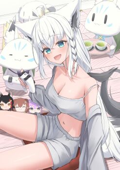 1girl :d absurdres animal_ears aqua_eyes bare_legs bare_shoulders braid breasts cleavage controller crop_top fox_ears fox_girl fox_tail highres holding holding_controller hololive inugami_korone jacket kirimoya long_sleeves looking_at_viewer low_ponytail medium_breasts navel nekomata_okayu ookami_mio open_clothes open_jacket open_mouth ponytail shirakami_fubuki shorts side_braid sidelocks single_braid sitting smile solo stuffed_toy sukonbu_(shirakami_fubuki) tail virtual_youtuber