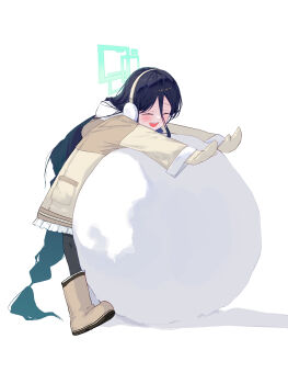 1girl absurdres aris_(blue_archive) aris_(winter)_(blue_archive) black_hair black_pantyhose blue_archive blue_halo boots braid braided_ponytail brown_boots brown_coat brown_mittens closed_eyes coat earmuffs full_body fur-trimmed_coat fur-trimmed_hood fur-trimmed_sleeves fur_trim hair_between_eyes halo highres hood hood_down kongaru_123 long_hair long_sleeves mittens official_alternate_costume official_alternate_hairstyle open_mouth pantyhose rectangular_halo simple_background smile snowball solo teeth upper_teeth_only very_long_hair white_background