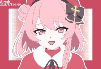 Rule 34 | 1girl, black bow, blue archive, border, bow, capelet, commentary, fur-trimmed capelet, fur trim, hair bow, hair bun, hat, highres, looking at viewer, official alternate costume, open mouth, outside border, pink eyes, pink hair, pixel art, portrait, red border, red capelet, red hat, serina (blue archive), serina (christmas) (blue archive), short hair, single hair bun, slmnk10124, smile, solo