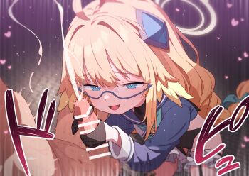 1boy 1girl ahoge bar_censor black_gloves black_leotard blue-framed_eyewear blue_archive blue_eyes blue_sailor_collar blue_shrug braid censored clothed_female_nude_male commentary_request cum ejaculation glasses gloved_handjob gloves green_neckerchief halo handjob heart hetero highleg highleg_leotard highres leotard long_hair long_sleeves neckerchief nude official_alternate_costume open_mouth orange_hair paid_reward_available penis projectile_cum revision robo_mikan sailor_collar semi-rimless_eyewear shimiko_(blue_archive) shimiko_(magical)_(blue_archive) shrug_(clothing) smile solo_focus sound_effects speech_bubble testicles trembling twin_braids under-rim_eyewear variant_set very_long_hair yellow_halo