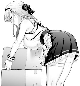 1girl apron azur_lane azur_lane:_slow_ahead bare_shoulders bent_over blush bow box bracelet breast_rest breasts clothing_cutout commentary cowboy_shot dido_(azur_lane) earrings eyelashes frills greyscale hair_bow hair_ornament hair_ribbon hairband highres holding holding_box holding_stuffed_toy hori_(hori_no_su) jewelry lace-trimmed_hairband lace_trim large_breasts long_hair maid maid_apron monochrome official_art open_mouth ribbon sideboob simple_background sleeveless solo stuffed_animal stuffed_toy thighhighs underboob underboob_cutout waist_apron white_background