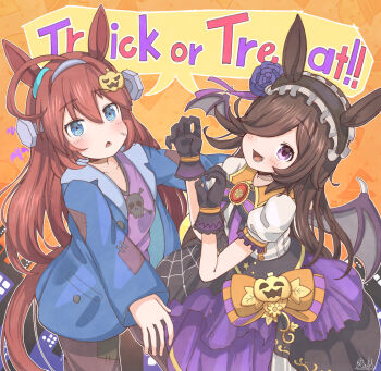 2girls :d ahoge animal_ears bat_wings black_gloves black_hairband blue_flower blue_jacket blue_rose blush bow brown_hair brown_pants claw_pose collared_shirt commentary_request facial_scar fang flower frilled_hairband frills gloves grey_wings hair_ornament hair_over_one_eye hairband halloween hands_up highres horse_ears horse_girl horse_tail jack-o&#039;-lantern jack-o&#039;-lantern_hair_ornament jacket long_hair mihono_bourbon_(umamusume) multiple_girls object_through_head open_clothes open_jacket open_mouth pants patchwork_clothes puffy_short_sleeves puffy_sleeves purple_eyes purple_shirt purple_skirt rakugakiraid rice_shower_(make_up_vampire!)_(umamusume) rice_shower_(umamusume) rose scar scar_on_cheek scar_on_face screw_in_head shared_speech_bubble shirt short_sleeves skirt smile speech_bubble striped_bow tail trick_or_treat umamusume very_long_hair white_shirt wings