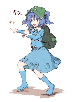 Rule 34 | 1girl, :d, \m/, backpack, bag, blue bag, blue boots, blue eyes, blue hair, blue shirt, blue skirt, boots, contrast collar, frilled shirt collar, frills, green hat, hair bobbles, hair ornament, hat, highres, holding, holding wrench, jewelry, kashiwada kiiho, kawashiro nitori, key, key necklace, long sleeves, medium hair, necklace, newsboy cap, open mouth, shirt, shirt tucked in, skirt, skirt pocket, smile, solo, sparkle, standing, touhou, undershirt, white background, wrench