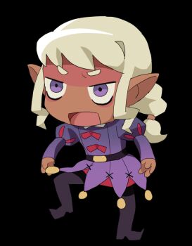 1boy androgynous angry animated animated_gif belt blonde_hair boots bow braid colinarmis commentary commission dark-skinned_male dark_elf dark_skin dungeon_meshi elf english_commentary jester jester_costume long_hair long_sleeves looking_at_viewer looping_animation male_focus neck_ruff open_mouth pointy_boots pointy_ears puff_and_slash_sleeves puffy_sleeves purple_eyes purple_tunic red_bow short_bangs sidelocks simple_background single_braid solo stomping thigh_boots thistle_(dungeon_meshi) transparent_background tunic wavy_hair