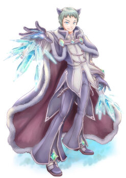 Rule 34 | 1boy, animal ears, blue eyes, cape, cat boy, cat ears, commentary request, cryokinesis, full body, fur-trimmed cape, fur trim, gloves, green hair, grey cape, grey gloves, grey pants, grey shirt, grey shoes, grin, ice, long sleeves, looking at viewer, male focus, official alternate costume, pants, philippa, ragnarok online, red cape, shirt, shoes, short bangs, short hair, simple background, smile, solo, standing, two-tone shirt, warlock (ragnarok online), white background, white shirt