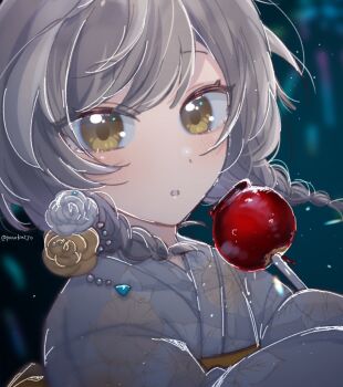 1girl aerial_fireworks assault_lily blurry blurry_background blush braid candy_apple chibi commentary_request fireworks floral_print flower food grey_kimono highres holding holding_candy_apple holding_food japanese_clothes kimono light_particles long_sleeves looking_at_viewer low_twin_braids low_twintails medium_hair night outdoors parted_lips ponokaijo print_kimono rose sasaki_ran solo twin_braids twintails twitter_username upper_body white_flower white_rose yellow_eyes yellow_flower yellow_rose