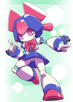 1girl bow bowtie brass_(medarot) helmet humanoid_robot medarot no_humans no_mouth nollety oversized_forearms oversized_limbs panties panty_peek pink_eyes robot robot_girl skirt solo striped_clothes striped_panties underwear