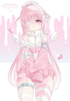 1girl apron bare_shoulders belt belt_buckle blush buckle closed_mouth clothing_cutout cowboy_shot detached_wings eyepatch food frilled_apron frills fruit hair_intakes hair_ornament heart highres jacket jersey_maid long_sleeves looking_at_viewer maid maid_headdress one_eye_covered original parted_bangs pink_eyes pink_hair pink_jacket pink_thighhighs shoulder_cutout sleeves_past_fingers sleeves_past_wrists smile solo strawberry striped_clothes striped_thighhighs sweat thigh_belt thigh_strap thighhighs thighs track_jacket two_side_up unconventional_maid v_arms waist_apron wavy_mouth white_apron wings yu_o015