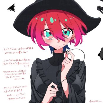 alternate_costume amate_yuzuriha aqua_eyes artist_name black_dress black_hat commentary dress gundam gundam_gquuuuuux hat highres looking_at_viewer odddd_o red_hair short_hair simple_background sweatdrop thread translation_request white_background witch witch_hat
