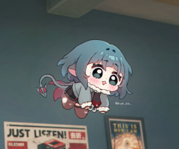 1girl :d animal_ears black_shorts blush brown_thighhighs chibi chibi_only commentary full_body fur-trimmed_sleeves fur_trim green_eyes green_hair grey_jacket hue_oo jacket jane_doe_(zenless_zone_zero) long_sleeves midair mouse_ears mouse_girl mouse_tail no_shoes open_mouth short_hair shorts smile solo symbol-only_commentary tail thighhighs torn_clothes torn_thighhighs twitter_username zenless_zone_zero