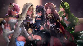 5girls absurdres ah_jianjun aponia black_dress black_shorts black_tiara blonde_hair blue_eyes blue_leotard blush breasts brown_hair chinese_commentary cleavage commentary_request corset couch dress eden_(honkai_impact) elysia_(honkai_impact) elysia_(miss_pink_elf)_(honkai_impact) fu_hua fu_hua_(shadow_knight) green_hair grey_hair highres honkai_(series) honkai_impact_3rd large_breasts leotard leotard_under_clothes long_hair medium_hair mobius_(honkai_impact) multiple_girls nun on_couch pink_hair red_eyes shorts sitting slit_pupils small_breasts tiara veil very_long_hair white_corset white_veil yellow_eyes