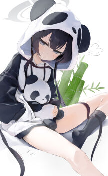 1girl :/ alternate_costume animal_ear_hood animal_hood bamboo bare_legs black_hair black_socks blue_archive blush commentary dot_nose fake_animal_ears feet foot_out_of_frame grey_eyes grey_halo hair_between_eyes half-closed_eyes halo hand_in_pocket highres hood hoodie kisaki_(blue_archive) kneehighs light_blush loli long_hair long_sleeves looking_at_viewer panda panda_hood simple_background sitting socks soles solo split_mouth stuffed_animal stuffed_panda stuffed_toy thighs twintails very_long_hair white_background yamada_auto