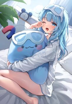 1girl alarm_clock arahashi_tabi artist_request blue_eyes blue_hair character_print clock commentary_request drooling dutch_angle full_body highres holding holding_pillow indoors korean_commentary long_hair long_sleeves looking_at_viewer looking_to_the_side mask mask_on_head morning mouth_drool no_pants on_bed one_eye_closed open_mouth pajamas pillow print_shirt pungdangi_(arahashi_tabi) rubbing_eyes second-party_source shirt sitting sleep_mask solo stellive turning_head virtual_youtuber white_shirt