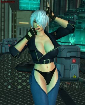 1girl 3d angel_(kof) arm_up artist_name black_panties blue_eyes boots breasts cleavage cowboy_boots cropped_jacket finger_in_own_mouth fingerless_gloves gloves grey_hair hair_over_one_eye half-closed_eye highres index_finger_raised jacket large_breasts legs looking_at_viewer mexican_(nationality) midriff navel panties short_hair smile snk the_king_of_fighters the_king_of_fighters_xv thighs thong toned tongue tongue_out underwear white_hair