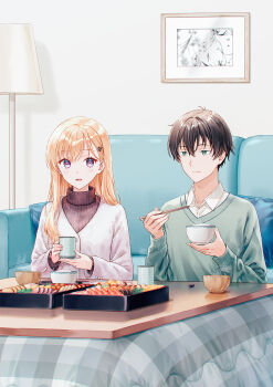 Rule 34 | 1boy, 1girl, asamura yuuta, ayase saki, blonde hair, bowl, brother and sister, brother and step-sister, brown cardigan, brown hair, brown sweater, cardigan, chopsticks, closed mouth, collared shirt, commentary request, couch, cover image, cup, eating, food, gimai seikatsu, green cardigan, green eyes, hair ornament, hairclip, highres, hiten (hitenkei), holding, holding bowl, holding chopsticks, holding cup, kotatsu, lamp, living room, long hair, long sleeves, looking at another, official art, parted lips, picture frame, purple eyes, rice, second-party source, shadow, shirt, short hair, siblings, sitting, step-brother and step-sister, step-siblings, sushi, sweater, table, under kotatsu, under table, white shirt, wooden bowl