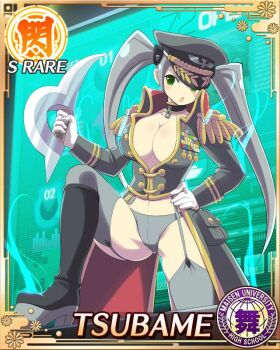 Rule 34 | 1girl, :o, black thighhighs, boots, border, breasts, card (medium), character name, choker, cleavage, dual wielding, game cg, green eyes, grey hair, grey panties, hat, high heel boots, high heels, holding, holding sword, holding weapon, large breasts, leg up, long hair, military hat, navel, official alternate costume, official art, panties, peaked cap, senran kagura, senran kagura new wave, solo, swept bangs, sword, thigh boots, thighhighs, tsubame (senran kagura), twintails, underwear, weapon