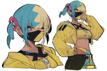 09wave_hb 1girl black_pants blonde_hair blue_eyes blue_hair canari_(pokemon) criss-cross_halter cropped_shirt halterneck hand_up hood hood_down jacket mask mouth_mask multicolored_eyes multicolored_hair multiple_views nintendo one_eye_closed pants pokemon pokemon_legends:_z-a shirt simple_background split-color_hair two-tone_eyes two-tone_hair white_background yellow_jacket yellow_shirt