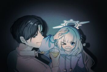 1boy 1girl black_hair blue_archive blue_eyes blue_halo cherino_(blue_archive) crumbs cup dark_background disposable_cup fake_facial_hair fake_mustache film_grain food food_on_face hair_ornament hair_ribbon halo hand_on_own_head highres holding holding_cup holding_spoon hood hoodie kim_mingja licking_lips long_hair looking_at_viewer looking_back one_eye_closed pom_pom_(clothes) pom_pom_hair_ornament pudding ribbon sensei_(blue_archive) shirt short_hair spoon tongue tongue_out v-shaped_eyebrows very_long_hair vignetting white_hair white_hoodie white_shirt