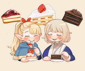2girls alt_text black_shirt blonde_hair blue_capelet blue_robe blush bow brown_background cake cake_slice capelet chibi chibi_only chocolate_cake choker closed_eyes closed_mouth colored_eyelashes commentary_request cropped_torso dungeon_meshi elf falin_touden falin_touden_(tallman) food fruit grey_shirt hair_bow happy high_ponytail holding holding_plate holding_spoon long_hair long_sleeves marcille_donato multiple_girls open_mouth plate pointy_ears ponytail red_bow red_choker robe sasakura34 shirt short_hair side-by-side simple_background smile spoon strawberry strawberry_shortcake utensil_in_mouth whipped_cream