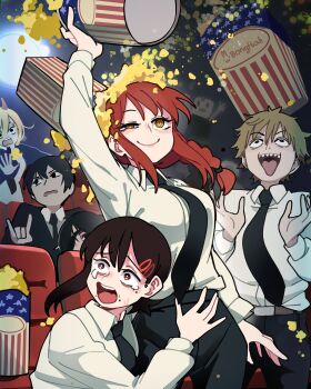 2boys 4girls \n/ absurdres black_hair black_jacket black_necktie black_pants blonde_hair bongftah braid braided_ponytail breasts chainsaw_man closed_mouth collared_shirt commentary demon_horns denji_(chainsaw_man) eyepatch food formal_clothes hair_between_eyes hayakawa_aki higashiyama_kobeni highres himeno_(chainsaw_man) horns jacket long_hair long_sleeves makima_(chainsaw_man) medium_breasts movie_theater multiple_boys multiple_girls necktie open_mouth pants popcorn power_(chainsaw_man) red_hair red_horns ringed_eyes sharp_teeth shirt short_hair sidelocks smile suit symbol-only_commentary tears teeth topknot white_shirt yellow_eyes