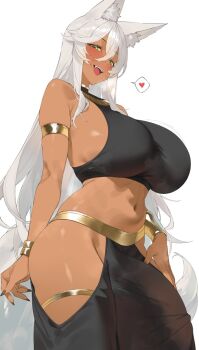 1girl :d animal_ear_fluff animal_ears armlet black_shirt black_skirt blush bracelet breasts bulge byeon_dha clothing_cutout commission cowboy_shot crop_top dark-skinned_female dark_skin fangs futanari green_eyes heart highres hip_vent huge_breasts huge_penis jewelry long_hair looking_at_viewer midriff navel open_mouth original penis shirt simple_background skirt sleeveless sleeveless_shirt smile solo spoken_heart tail vgen_commission white_background white_hair