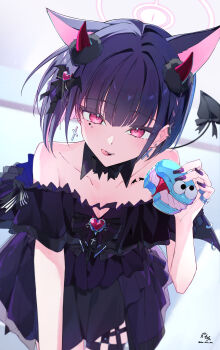 1girl absurdres alternate_costume animal_ears bare_shoulders black_hair blue_archive cat_ears cat_girl colored_inner_animal_ears colored_inner_hair cross cross_earrings demon_girl demon_horns demon_tail detached_collar dress earclip earrings extra_ears food halo highres holding holding_food horns jewelry kazusa_(blue_archive) licking_lips looking_at_viewer macaron multicolored_hair nekomochi off-shoulder_dress off_shoulder open_mouth pink_hair pink_halo purple_dress purple_nails short_hair solo tail tongue tongue_out two-tone_hair