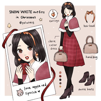 1girl animification bag black_hair bow capelet contemporary dress hair_bow handbag long_sleeves looking_at_viewer peilu_(pslu0423) red_capelet short_hair smile snow_white_and_the_seven_dwarfs_(disney) solo
