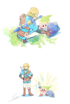 1boy blonde_hair blue_eyes blush blush_stickers boots brown_boots champion&#039;s_tunic_(zelda) closed_mouth fingerless_gloves gloves green_hat hat highres holding holding_shield holding_sword holding_weapon kirby kirby_(series) link master_sword nintendo open_mouth pants pointy_ears scabbard sheath shield short_hair simon_(kabo_chips) smile star_(symbol) super_smash_bros. sword sword_kirby the_legend_of_zelda the_legend_of_zelda:_breath_of_the_wild tunic weapon