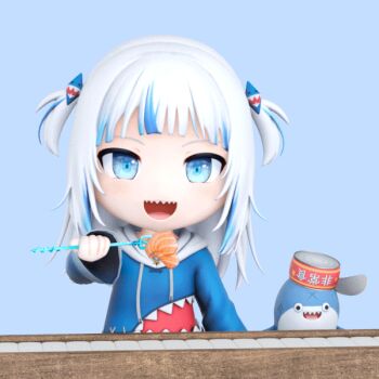 1girl 1nabatewi 3d animal_costume animated animated_gif bloop_(gawr_gura) blue_background blue_eyes blue_hoodie blunt_bangs conveyor_belt_sushi eating fish_(food) food gawr_gura gawr_gura_(1st_costume) hair_ornament hololive hololive_english hood hoodie huge_filesize medium_hair nigirizushi polearm shark_costume shark_girl shark_hair_ornament sharp_teeth sushi teeth tin_can trident two_side_up virtual_youtuber weapon white_hair