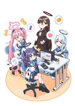 4girls akaimame blue_archive calculator chair chess_piece commentary_request computer_keyboard credit_card halo heart highres holding holding_paper holding_tablet_pc koyuki_(blue_archive) long_hair medium_hair monitor multiple_girls noa_(blue_archive) office_chair paper paper_stack rio_(blue_archive) seminar_(blue_archive) speech_bubble sweatdrop swivel_chair tablet_pc yuuka_(blue_archive)