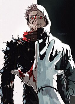 Rule 34 | 2boys, artist name, black jacket, creepy eyes, gakuran, hands in pockets, highres, hood, hooded jacket, itadori yuuji, jacket, jujutsu kaisen, jujutsu kaisen modulo, mahito (jujutsu kaisen), male focus, multiple boys, pov, red eyes, scar, scar on face, school uniform, serious, signature, spiked hair, split theme, trubwlsum, twitter username