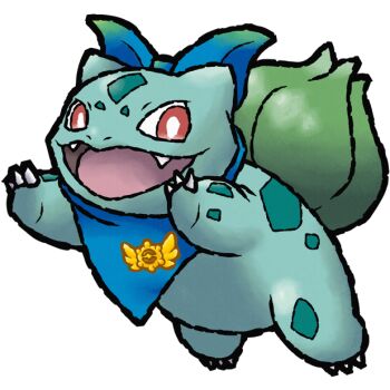 animal_focus badge bandana bandana_around_neck blue_bandana bright_pupils bud bulbasaur clothed_pokemon commentary commission english_commentary fangs full_body gen_1_pokemon nintendo no_humans nostrils open_mouth pokemon pokemon_(creature) pokemon_focus pokemon_mystery_dungeon poltartgeist red_eyes second-party_source smile solo transparent_background white_pupils