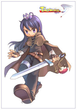 Rule 34 | 1boy, animal, animal on head, artist name, belt, belt buckle, black border, black cat, black eyes, black fur, black hair, black pants, black shirt, black sleeves, border, boris jinneman, brown belt, brown cape, brown gloves, brown shoes, buckle, cape, cat, cat on head, character charm, charm (object), closed mouth, collared capelet, colored sclera, commentary request, copyright name, cross-laced capelet, cross-laced clothes, crossed belts, english text, fingerless gloves, full body, gloves, hair between eyes, high collar, holding, holding sword, holding weapon, korean commentary, left-handed, logo, long hair, looking at viewer, male focus, minae, nexon, official art, on head, open mouth, pants, purple eyes, shirt, shoes, signature, silver legwear, simple background, single sidelock, slit pupils, smile, solo focus, straight hair, sword, sword knot, tales weaver, tassel, third-party source, three-quarter sleeves, tiv, turtleneck, turtleneck shirt, tutu (tales weaver), weapon, white background, yellow sclera