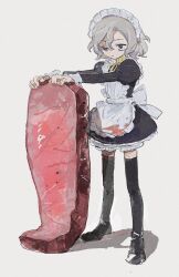 Rule 34 | 1boy, 4sssst, androgynous, apron, black eyes, black thighhighs, dungeon meshi, food, full body, highres, maid, maid apron, maid headdress, male focus, meat, mithrun, short hair, simple background, solo, thighhighs, trap, white background, white hair