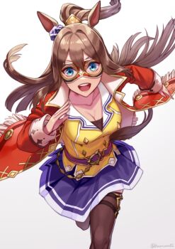 Rule 34 | 1girl, akatsuki (kuon), animal ears, black thighhighs, blue eyes, blue skirt, breasts, brown hair, cleavage, coat, collarbone, commentary request, domino mask, ear scrunchie, el condor pasa (el numero 1) (umamusume), el condor pasa (umamusume), eye mask, hair between eyes, horse ears, horse girl, horse tail, jacket, large breasts, long hair, long sleeves, looking at viewer, mask, open mouth, ponytail, red coat, red jacket, running, shirt, simple background, skirt, smile, solo, tail, teeth, thigh strap, thighhighs, umamusume, upper teeth only, white background, yellow shirt