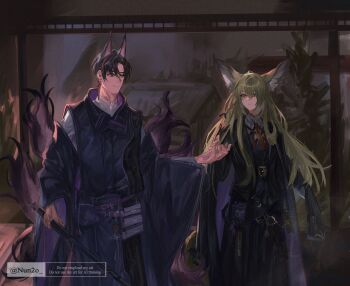 1boy 1girl animal_ears arknights black_hair blonde_hair fox_boy fox_ears fox_tail green_eyes highres husband_and_wife kitsune kyuubi long_hair multiple_tails nun2o orange_eyes short_hair suzuran's_father_(arknights) tail very_short_hair vulpisfoglia_(arknights) watermark