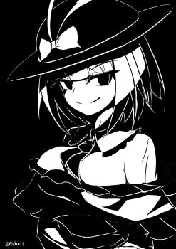 Rule 34 | 1girl, ascot, blunt bangs, bow, brodall pixel, capelet, closed mouth, commentary, hat, hat bow, high contrast, highres, looking at viewer, monochrome, nagae iku, short hair, signature, simple background, smile, solo, touhou, upper body