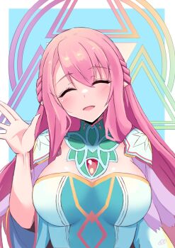 1girl binah_(monster_strike) blush braid breasts closed_eyes dress halo highres huge_breasts kobayashi_macchan long_hair monster_strike open_mouth pink_hair pointy_ears smile solo