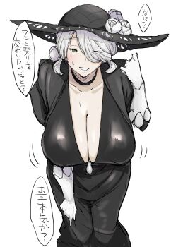 1girl black_dress black_hat blush breasts cleavage cogita_(pokemon) dress elbow_gloves flower gloves grey_eyes grey_hair grin hair_over_one_eye hat hat_flower highres large_breasts leaning_forward looking_at_viewer mature_female medium_hair nasakene nintendo pokemon pokemon_legends:_arceus sidelocks smile solo speech_bubble sun_hat translation_request white_gloves