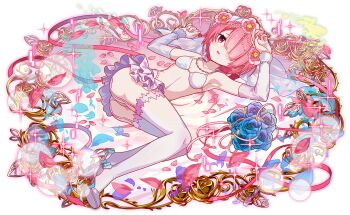 alternate_costume alternate_hair_ornament anime_coloring aqua_petals aqua_ribbon armpits artist_request ass bare_shoulders blue_flower blue_rose blunt_bangs blush bouquet bra breasts bridal_veil bride collarbone crash_fever detached_sleeves fingernails flower footwear_ribbon frilled_skirt frills full_body game_cg garter_straps hair_over_one_eye high_heels jewelry light_particles lying microskirt navel necklace number_print numbered official_alternate_costume official_alternate_hair_ornament official_art official_style on_back open_hand open_mouth outline panties pearl_hair_ornament pink_flower pink_petals purple_petals ram_(re:zero) re:zero_kara_hajimeru_isekai_seikatsu red_eyes red_outline ribbon rose short_hair skinny skirt small_breasts solo sparkle square square_print tachi-e teeth thighhighs third-party_source transparent_background twisted_torso underwear upper_teeth_only veil wedding white_bra white_footwear white_garter_straps white_panties white_sleeves white_thighhighs