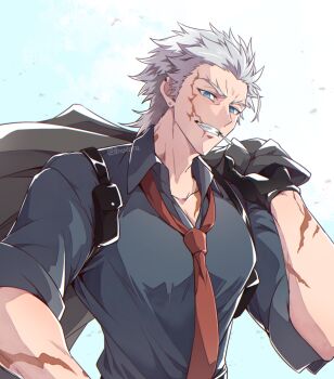 0nodera 1boy black_gloves blue_eyes collared_shirt commentary_request earrings fate/grand_order fate_(series) gloves grey_hair holding holding_jacket holding_unworn_clothes holster jacket jewelry looking_at_viewer male_focus mouth_hold nagakura_shinpachi_(fate) necktie notched_ear red_necktie scar scar_on_arm scar_on_face shirt short_hair solo stalk_in_mouth unworn_jacket upper_body