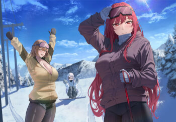 3girls absurdres alternate_costume anis_(nikke) arms_up beanie black_pantyhose black_shorts blue_sky breasts brown_eyes brown_hair chco cleavage commentary english_commentary gloves goddess_of_victory:_nikke goggles goggles_on_head hand_on_goggles hat highres jacket large_breasts looking_at_viewer mittens mountainous_horizon multiple_girls neon_(nikke) open_mouth pantyhose pantyhose_under_shorts purple_jacket rapi_(nikke) red_eyes red_hair shorts ski_goggles skis sky smile snow squatting sweater tree turtleneck turtleneck_sweater white_hair yellow_jacket