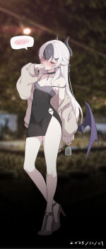 1girl arm_at_side armpits bare_shoulders black_hair black_shoes blue_archive blurry blurry_background blush breasts brown_jacket collar collarbone covered_navel covering_own_mouth cup dated dress drinking_glass drunk ear_piercing hair_ornament hairclip hand_up heel_up high_heels highres holding holding_cup horns jacket kayoko_(blue_archive) kayoko_(dress)_(blue_archive) low_wings mole mole_on_neck multicolored_hair off_shoulder parack photo_background piercing red_eyes shoes short_dress side_slit sidelocks single_wing sleeveless sleeveless_dress small_breasts solo spoken_blush standing strap_slip two-tone_hair white_hair wine_glass wings