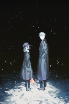 1boy 1girl absurdres axe black_coat blood_on_axe blood_on_snow chainsaw_man coat eyepatch green_eyes grey_hair hat highres holding holding_axe looking_at_viewer night ottehare outdoors purple_hair reze_(chainsaw_man) snow snowing ushanka