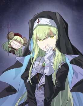 2girls absurdres ascot bang_dream! bang_dream!_it's_mygo!!!!! black_dress brooch commentary dated_commentary dress gloves green_hair highres jewelry juliet_sleeves long_hair long_sleeves mortis_(bang_dream!) mortis_(costume)_(bang_dream!) mortis_(persona)_(bang_dream!) multiple_girls nun_headdress puffy_sleeves tongue tongue_out wakaba_mutsumi white_ascot white_gloves yzj21333