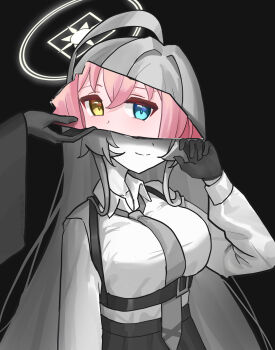 3girls absurdres ahoge black_background blue_archive blue_eyes breasts brown_eyes closed_mouth collared_shirt commentary_request hair_between_eyes hair_intakes halo heterochromia hide21find57 highres hoshino_(blue_archive) large_breasts long_hair long_sleeves multiple_girls necktie pink_hair pleated_skirt shirt simple_background skirt smile very_long_hair wide_sleeves yume_(blue_archive)