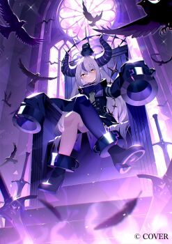 1girl ahoge ankle_boots ankle_cuffs bird black_boots black_coat black_horns boots braid braided_bangs buttons closed_mouth coat coat_dress collar colored_shoe_soles commentary_request copyright_name crow crow_(la+_darknesss) demon_horns double-breasted double-parted_bangs dress full_body grey_hair high_heel_boots high_heels hololive horns indoors ishihara_(kuniyoshi) la+_darknesss la+_darknesss_(1st_costume) long_hair long_sleeves looking_at_viewer metal_collar neckerchief official_art pantyhose pointy_ears purple_pantyhose purple_streaks shirt single_hair_streak single_leg_pantyhose sitting sleeves_past_fingers sleeves_past_wrists slit_pupils solo striped_horns tail very_long_hair virtual_youtuber white_shirt yellow_eyes yellow_neckerchief