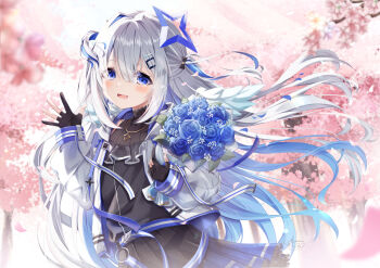 1girl absurdres amane_kanata amane_kanata_(work) asymmetrical_legwear belt black_dress black_gloves black_skirt blue_belt blue_flower blue_hair blue_rose blue_skirt blush bouquet colored_inner_hair commentary_request dress flower gloves gradient_clothes gradient_skirt gradient_wings grey_hair hair_between_eyes hair_ornament hairclip halo high_collar highres holding holding_bouquet hololive jacket jewelry long_hair long_sleeves looking_at_viewer low_twintails multicolored_hair multicolored_wings necklace official_alternate_costume official_alternate_hair_length official_alternate_hairstyle open_mouth partially_fingerless_gloves pleated_skirt purple_eyes rose single_hair_intake skirt solo star_(symbol) star_halo star_necklace streaked_hair twintails uneven_legwear virtual_youtuber white_jacket white_wings wings yukikawa_sara